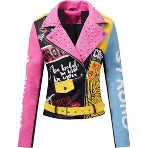 Women's Multi Faux Leather Peak Lapel & Zipper Belt Classic Biker Jacket